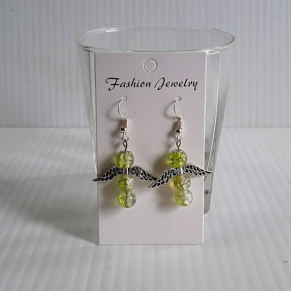 Hand Crafted Earrings Pierced Angel Green Crackle